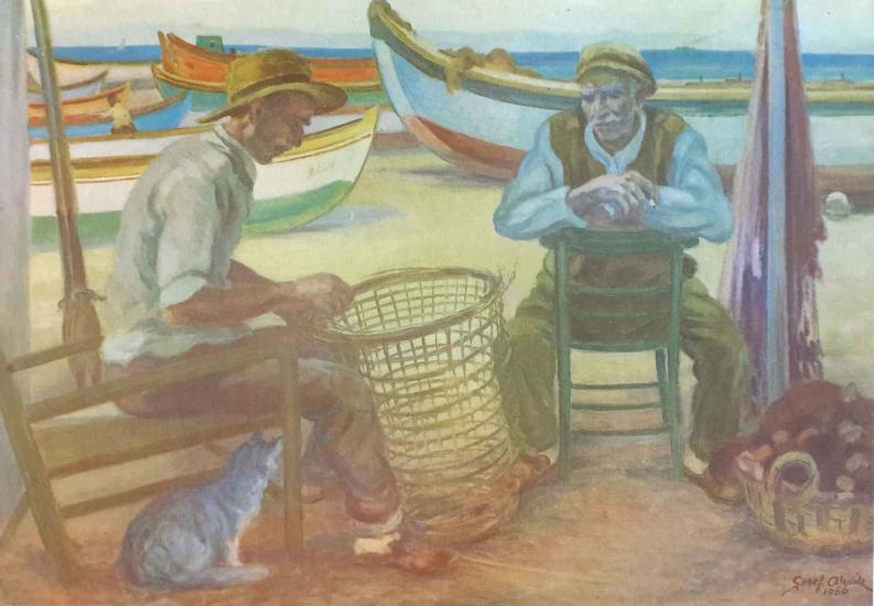 Kültür ve Turizm Bakanlığı Yayınları, Balıkçılar, Şeref Akdik ( 1899 - 1972 ) 35x50 cm.