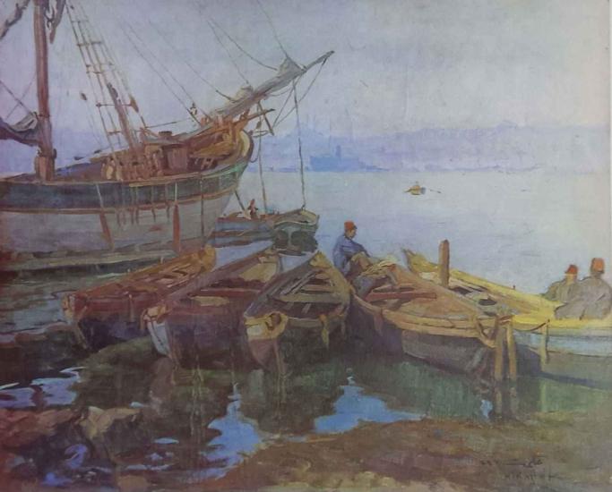 Kültür ve Turizm Bakanlığı Yayınları, Kıyıda Balıkçılar, Hikmet Onat ( 1882 - 1977 ) 50x70 cm.