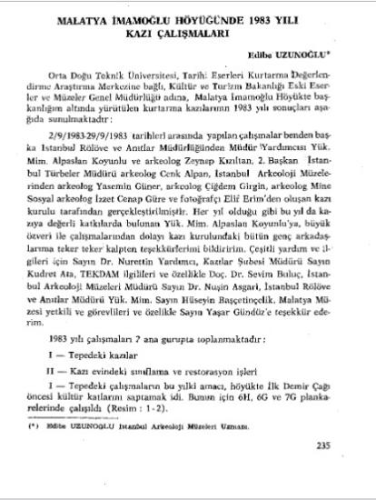 Kültür ve Turizm Bakanlığı Yayınları, 6. Kazı Sonuçları Toplantısı - Ayrı Basım - Değirmendere Malatya Kutarma Kazısı 1983 Yılı Raporu, Ufuk Esin